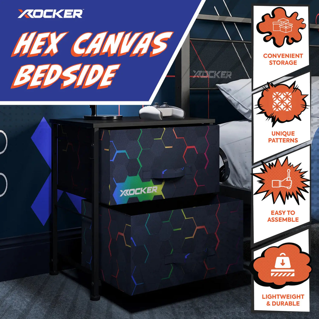 X rocker hex canvas bedside table with colorful design in a bedroom setting