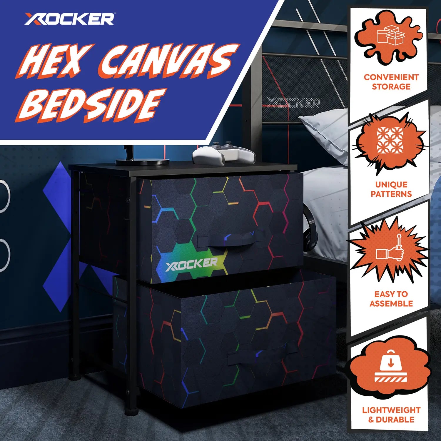 X rocker hex canvas bedside table with colorful design in a bedroom setting