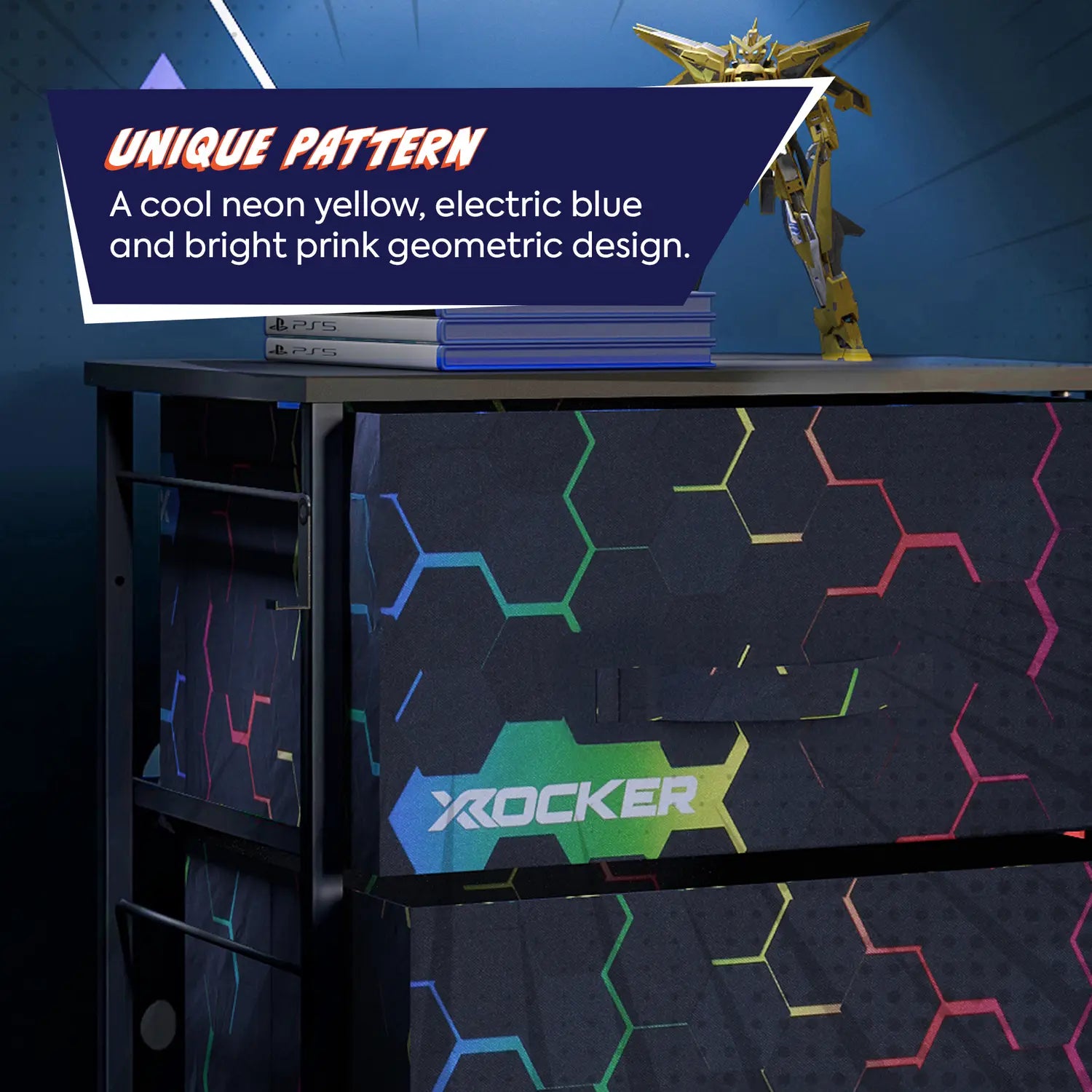 X Rocker canvas drawers with geometric pattern and toy figure on a blue background