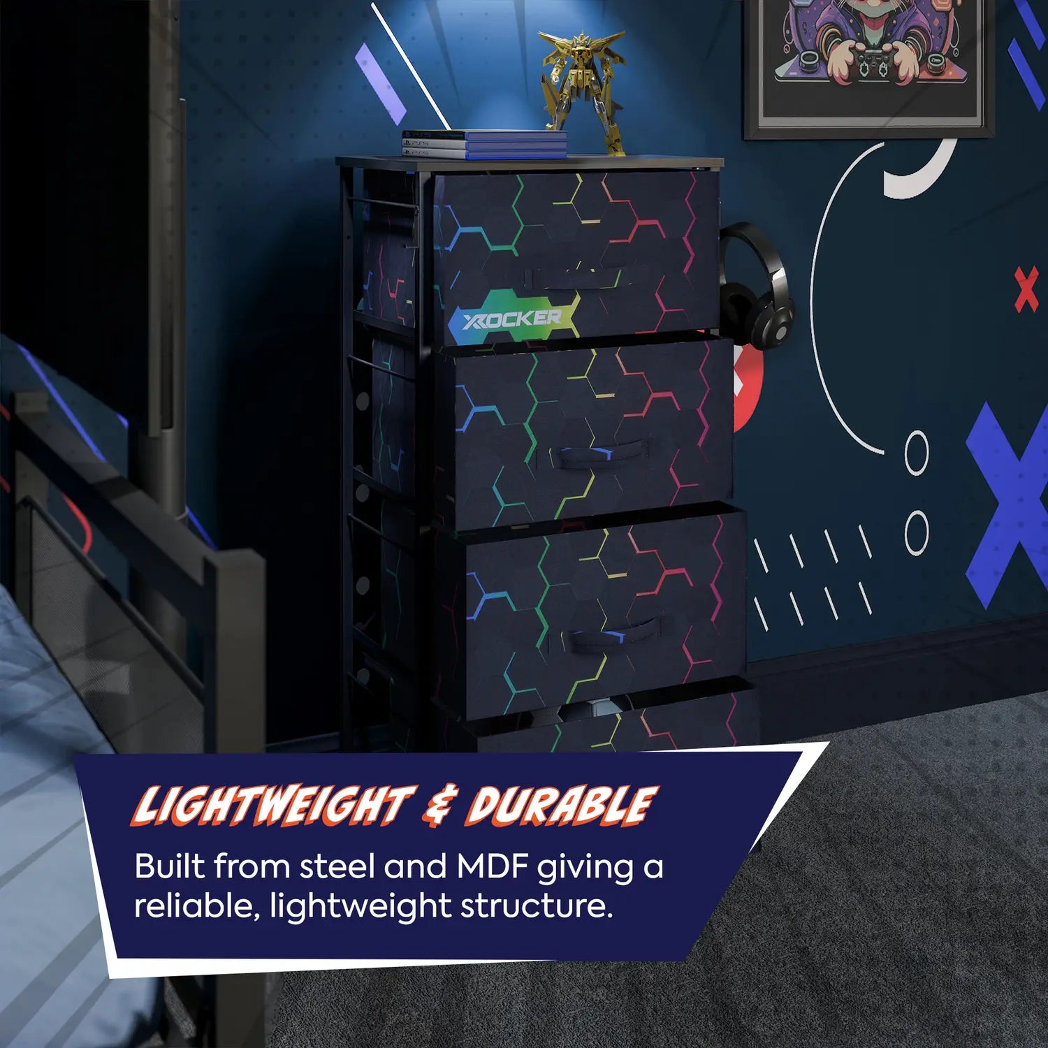 Stack of black drawers with colorful patterns on a gaming setup