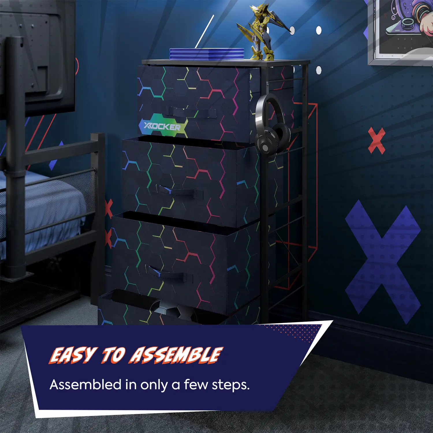 Black dresser with colorful patterns in a room setting, featuring text about assembly ease.