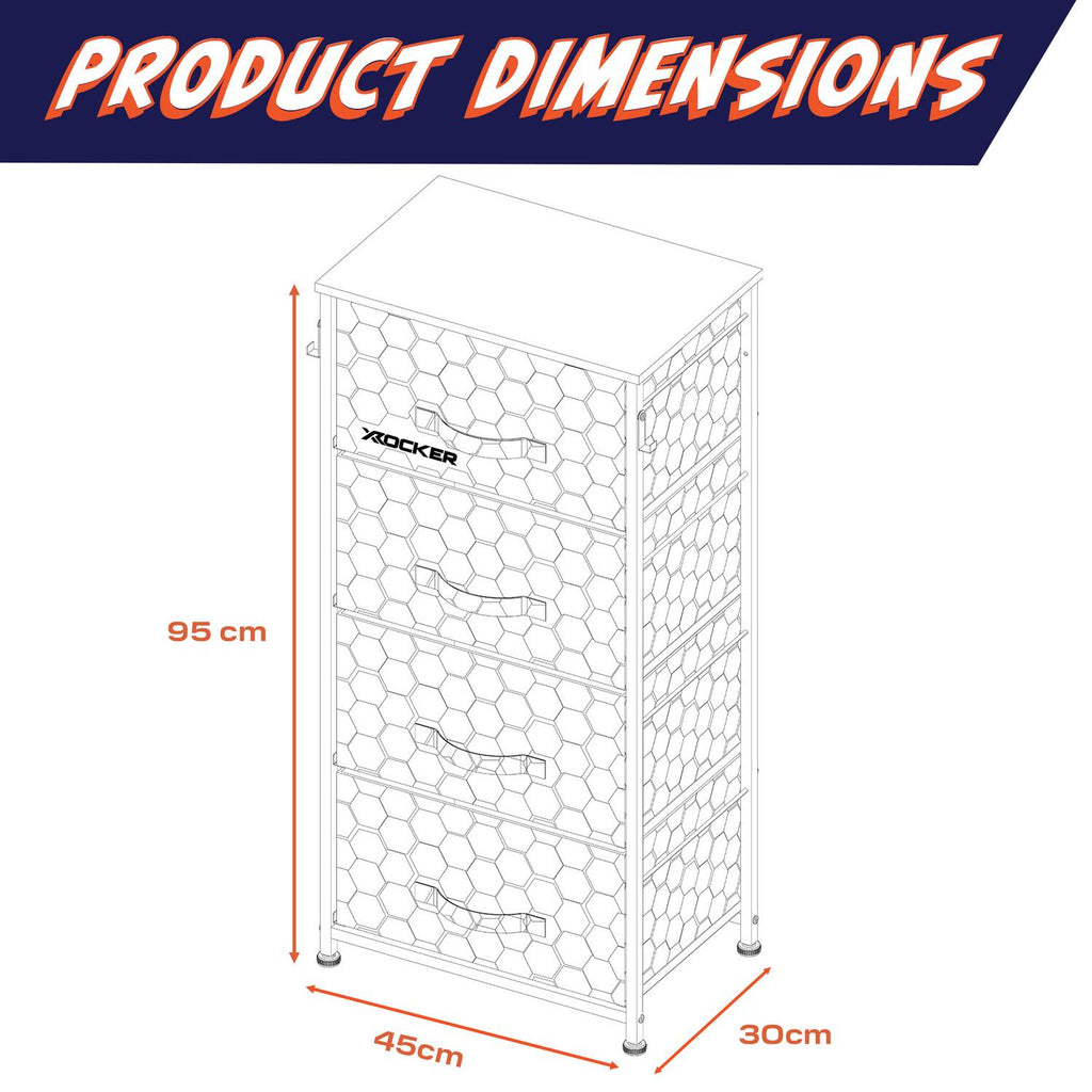 Diagram of a canvas tallboy cabinet with dimensions labeled, featuring the X rocker brand.