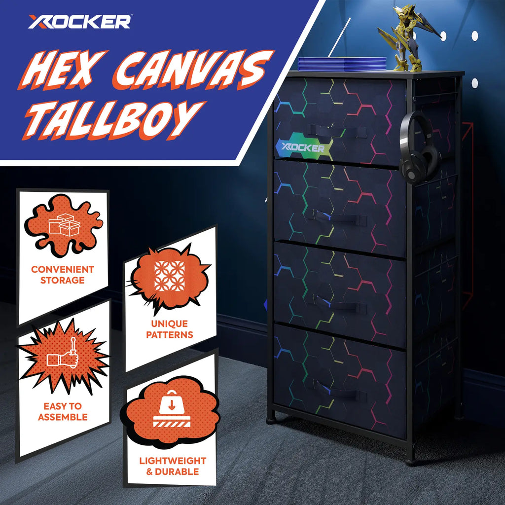 X rocker Hex Canvas Tallboy with colorful patterns on a blue wall background