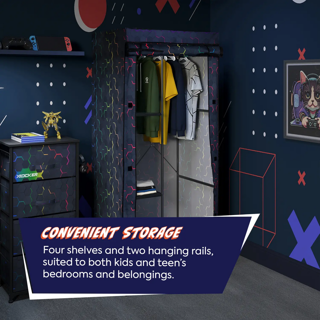 Canvas Closet with shelves and hanging rails in a room with colorful wall designs.