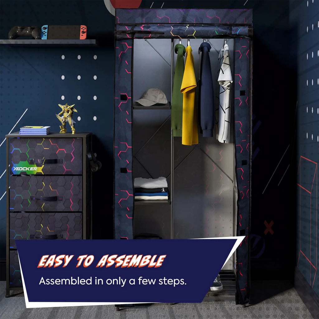 Clothing storage system with shelves and drawers in a room setting.