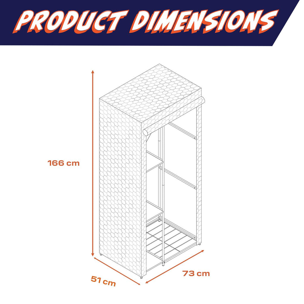 Measurement chart of a canvas wardrobe unit with dimensions labeled.