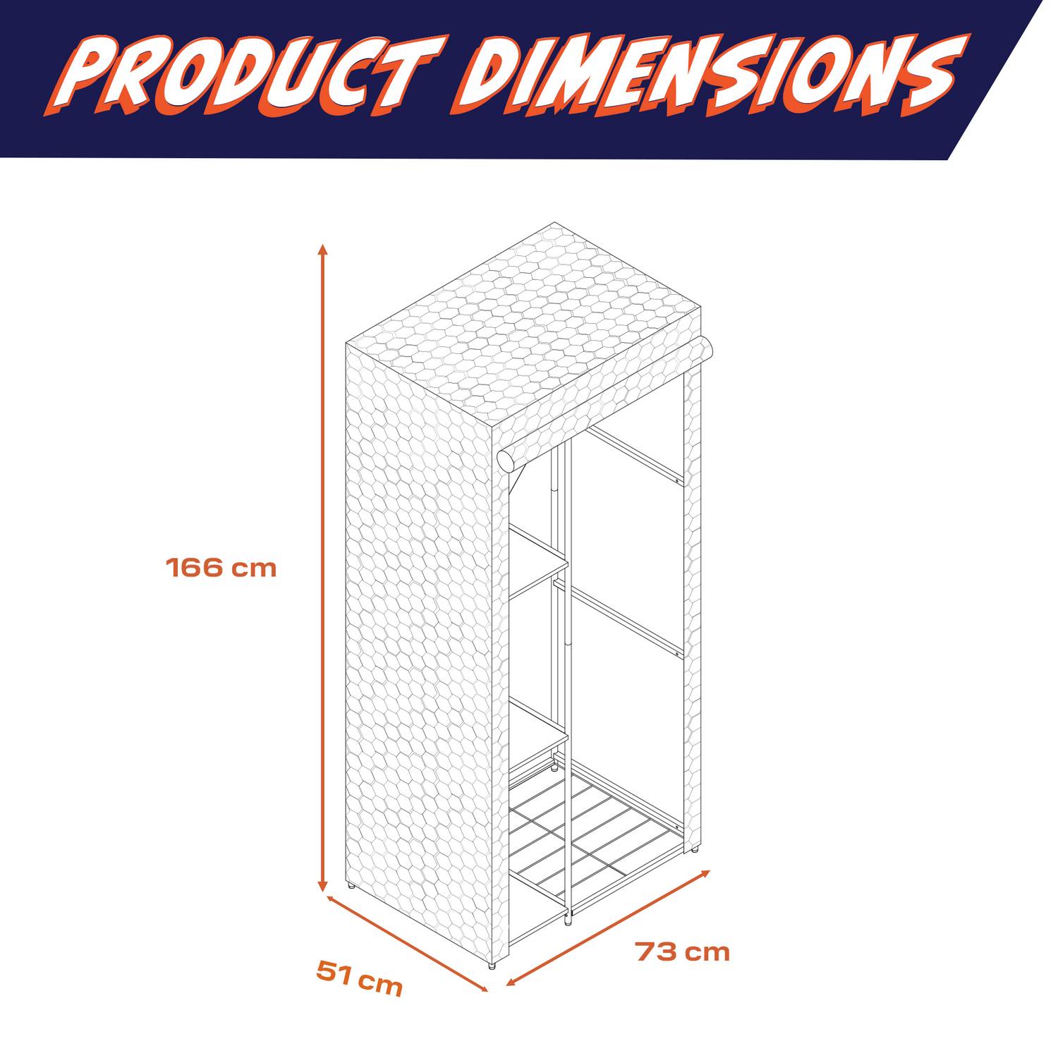 Measurement chart of a canvas wardrobe unit with dimensions labeled.