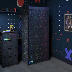 Children's room with a Canvas dark blue wardrobe and dresser featuring colorful patterns.