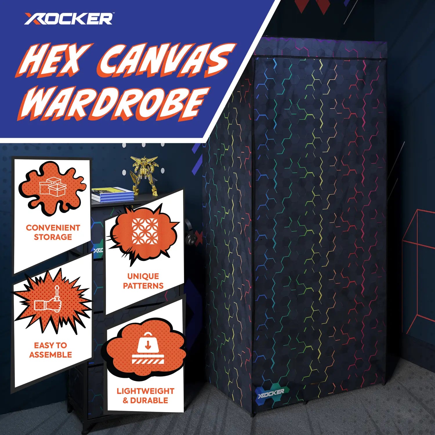 Hex Canvas Wardrobe with X rocker branding and features on a blue background