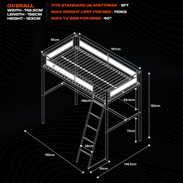 HQ High Sleeper Gaming Bunk Bed with Desk - Black