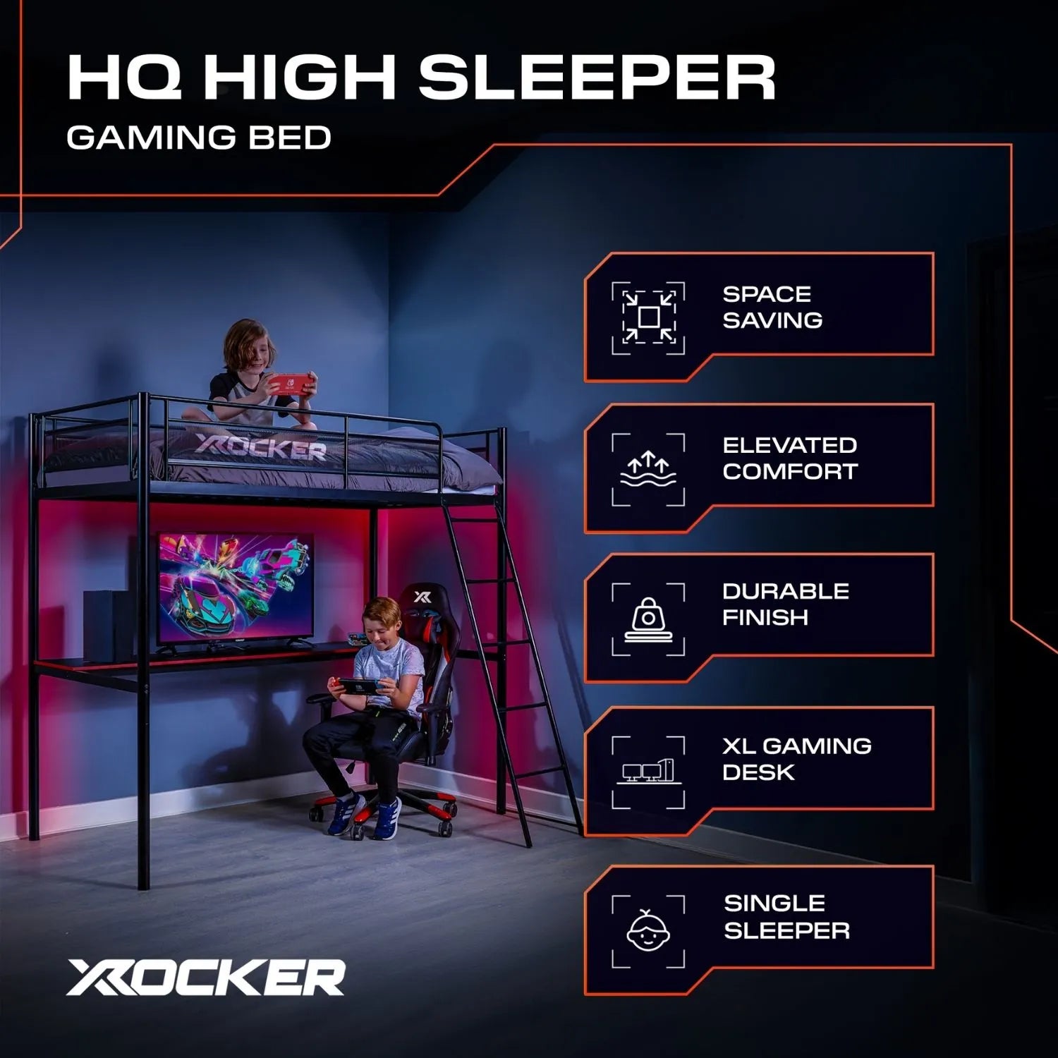 Gaming bed system with features highlighted on a dark background