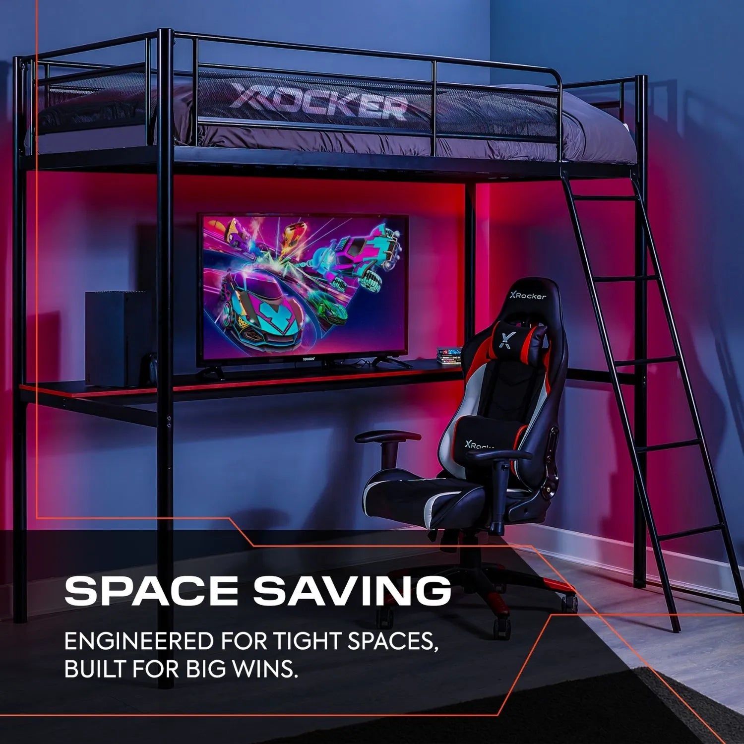 Gaming room setup with X rocker loft bed, desk, and chair in a compact space.