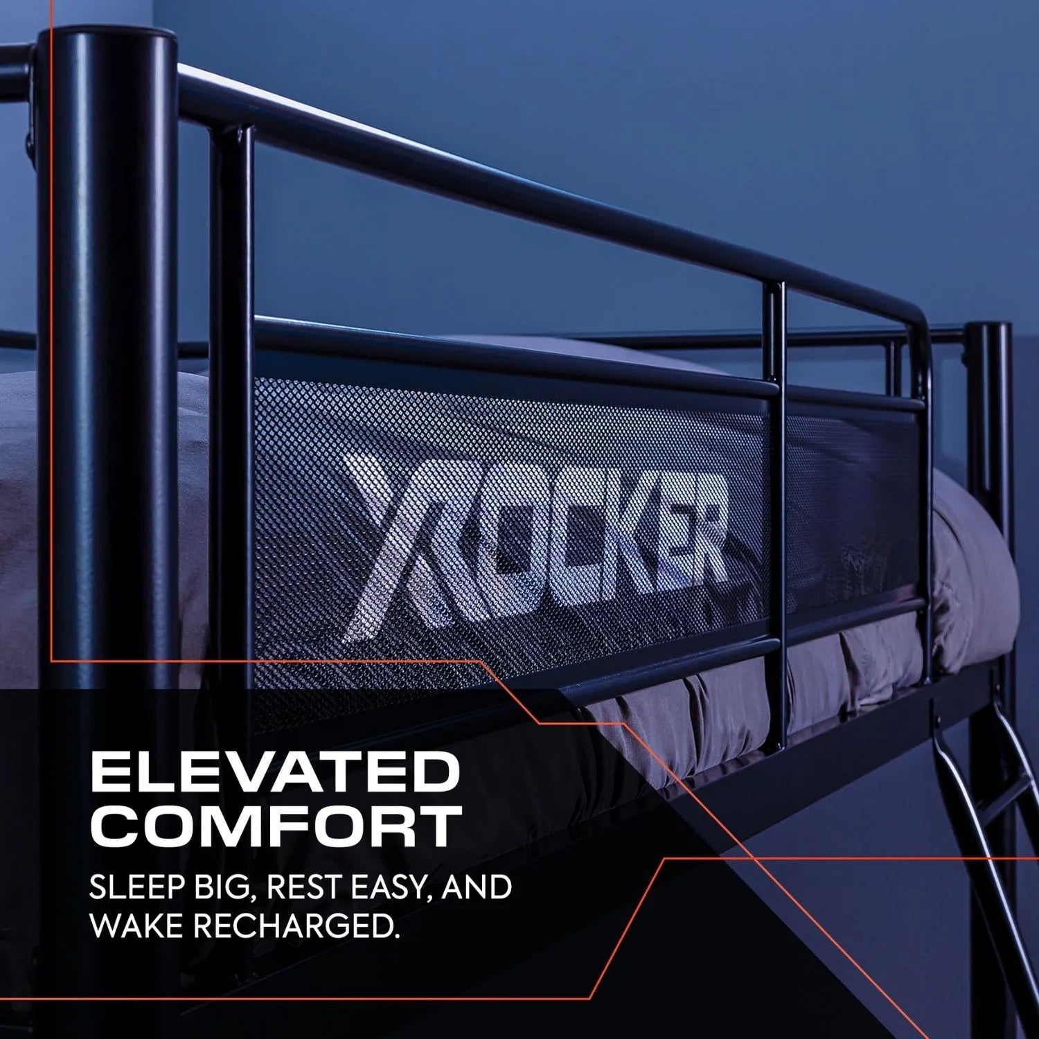 Black metal bed frame with X rocker logo and text about elevated comfort on a blue background