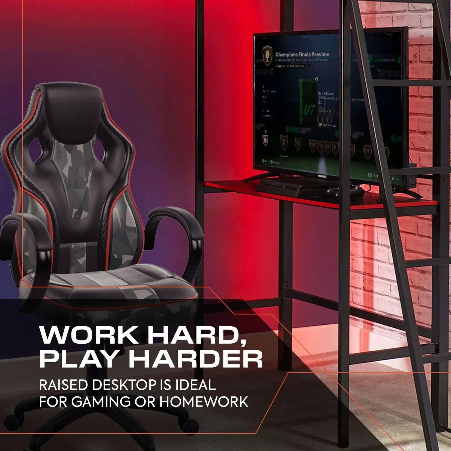 Gaming chair and desk setup with a computer monitor, red ambient lighting, and motivational text.