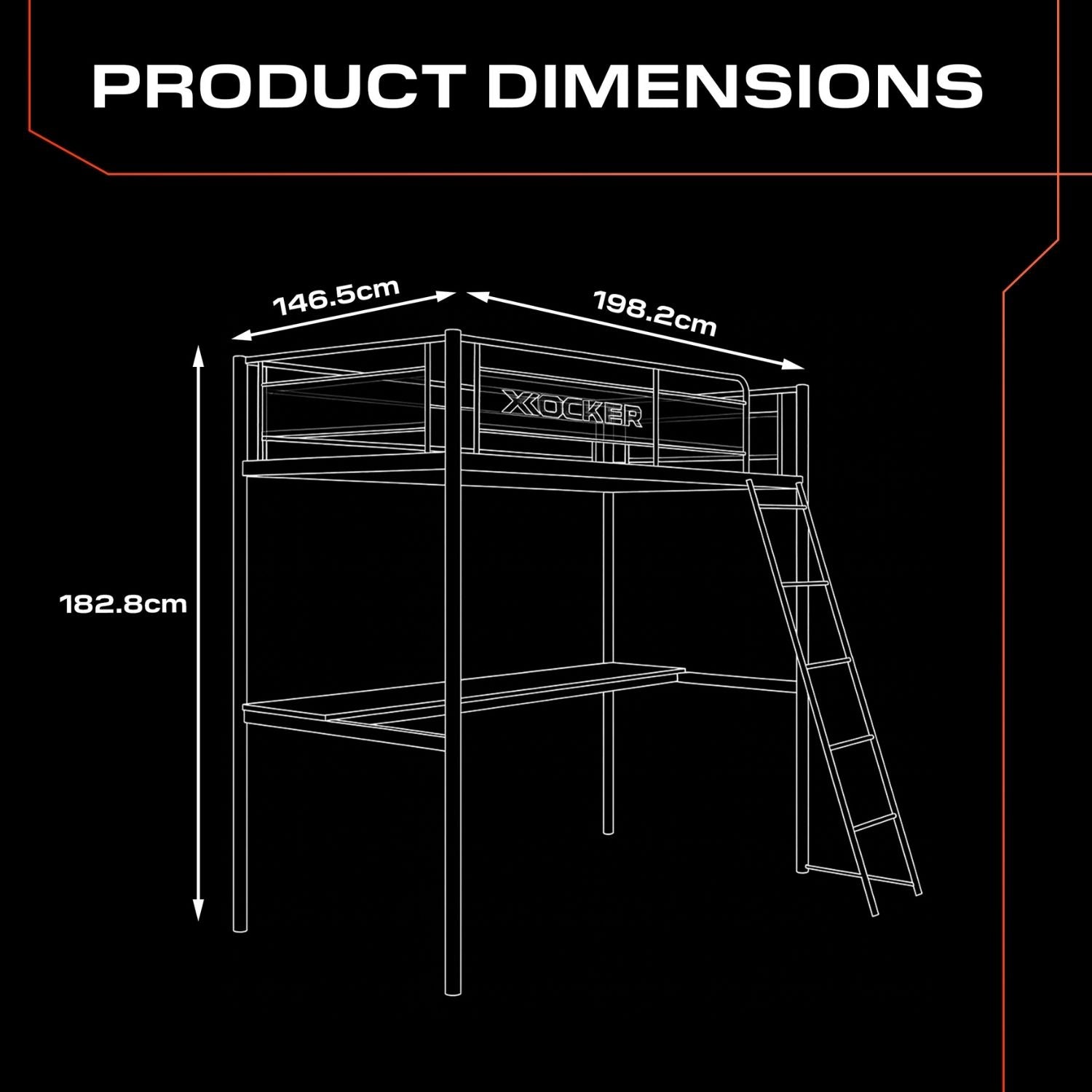 Dimensions of a X rocker gaming chair with labeled measurements on a black background
