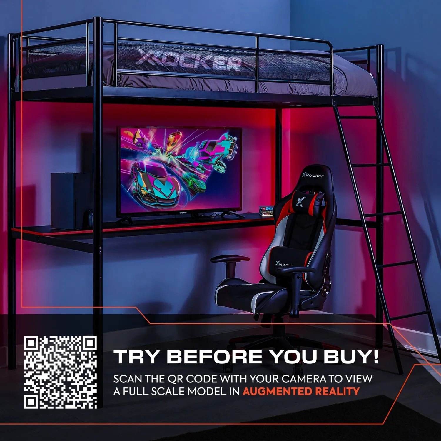 Gaming room setup with X rocker chair, TV, and bunk bed in a dark room.