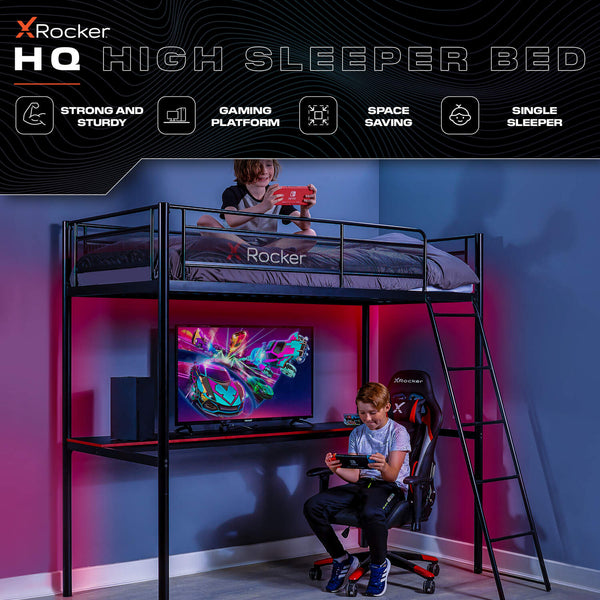 HQ High Sleeper Gaming Bunk Bed with Desk - Black