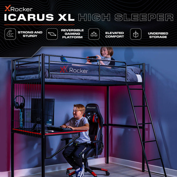 Icarus XL High Sleeper Gaming Bunk Bed with Desk - Black