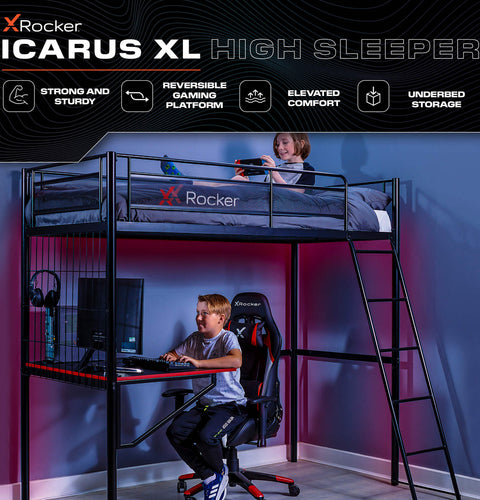 Icarus XL High Sleeper Gaming Bunk Bed with Desk - Black