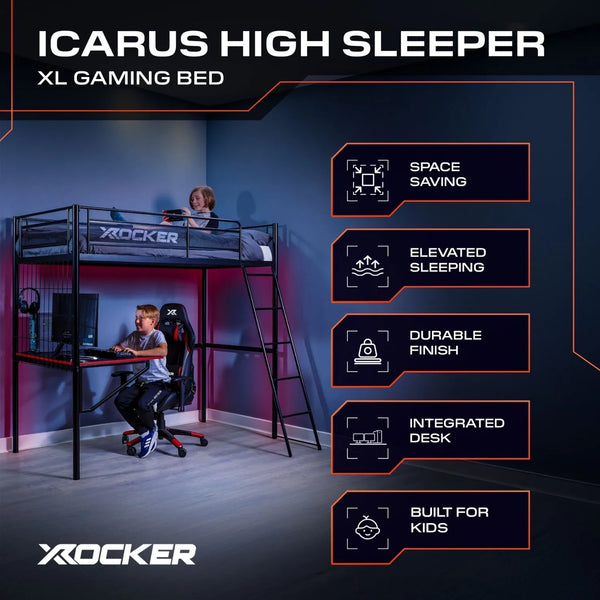 Icarus XL High Sleeper Gaming Bunk Bed with Desk - Black