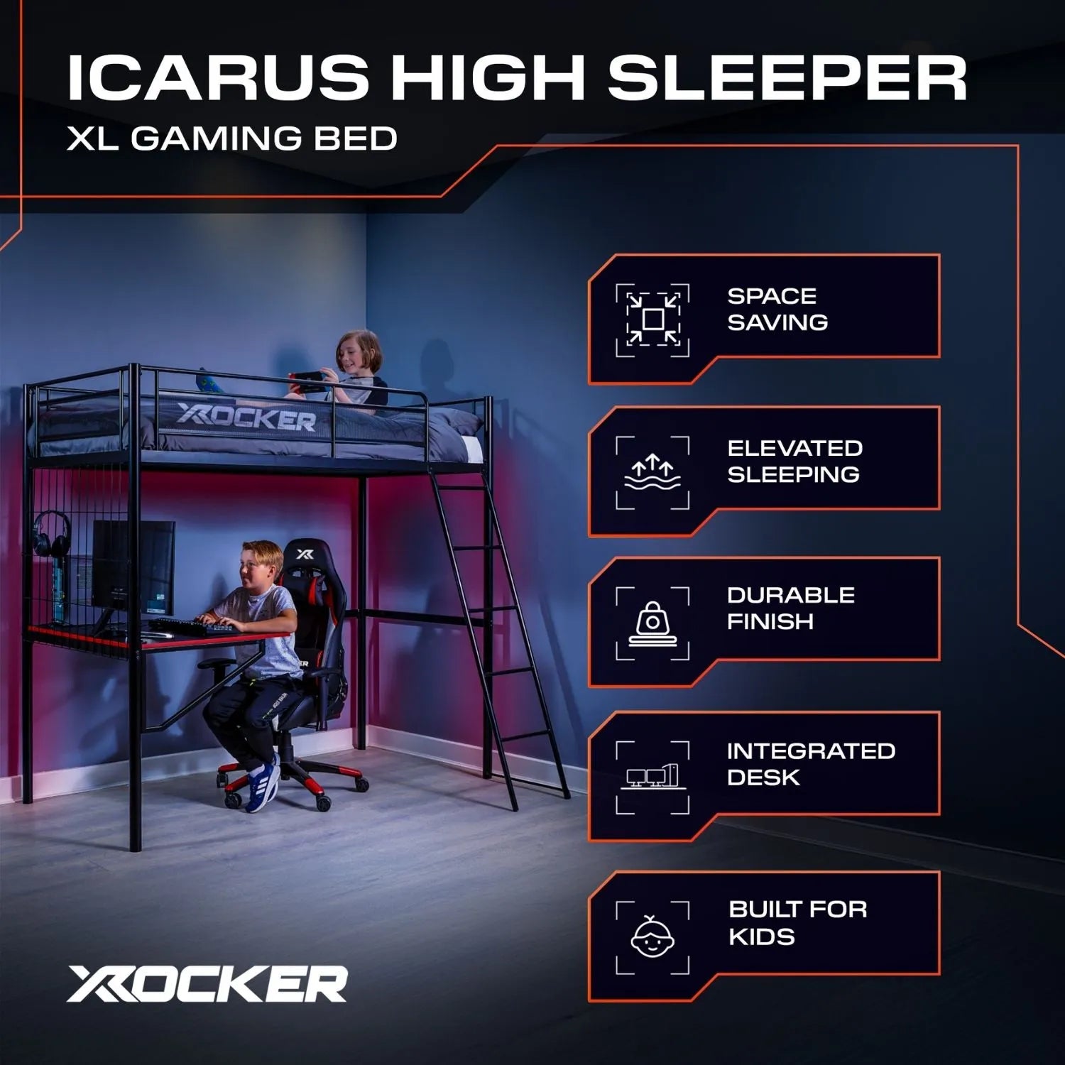 Gaming bed system with features highlighted on a dark background