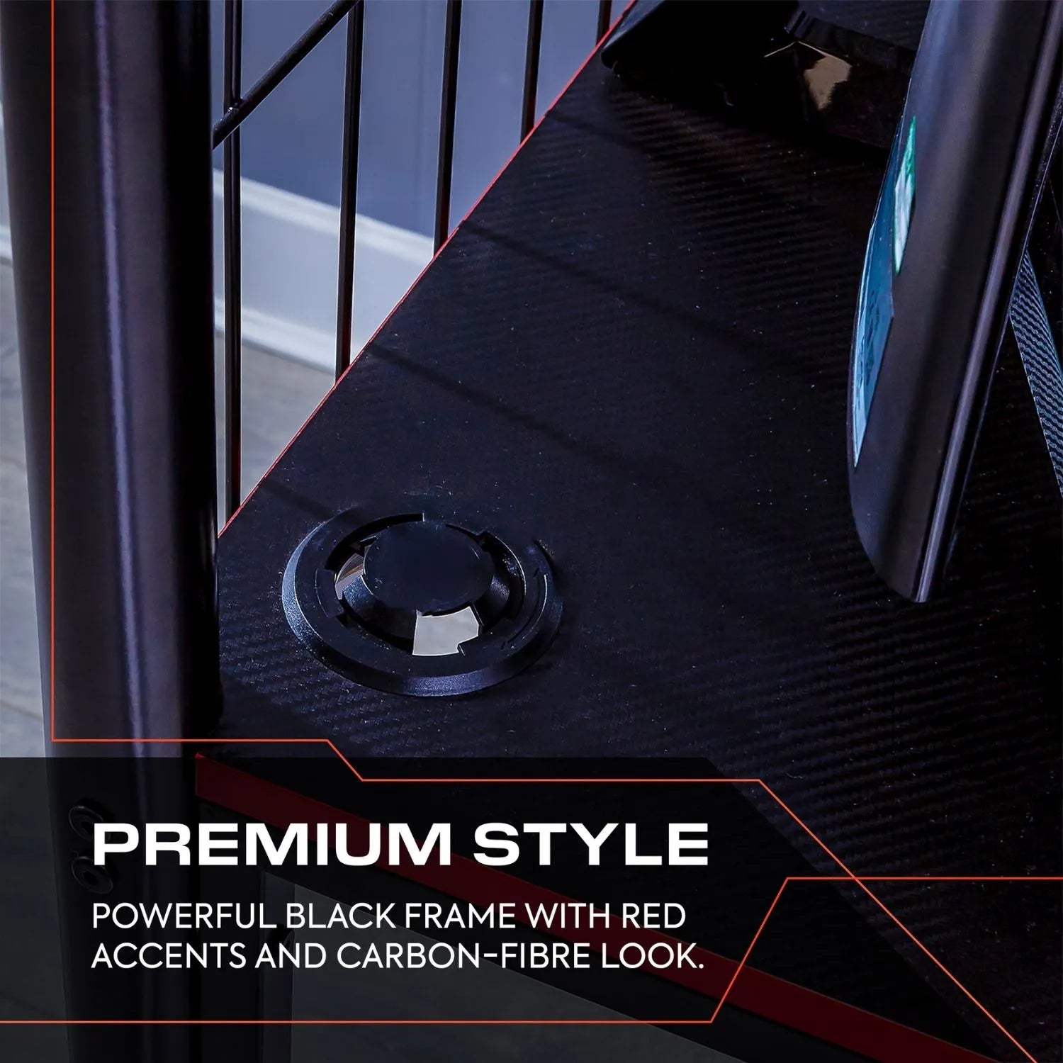 Black frame with red accents and carbon-fibre look, featuring text 'Premium Style'.