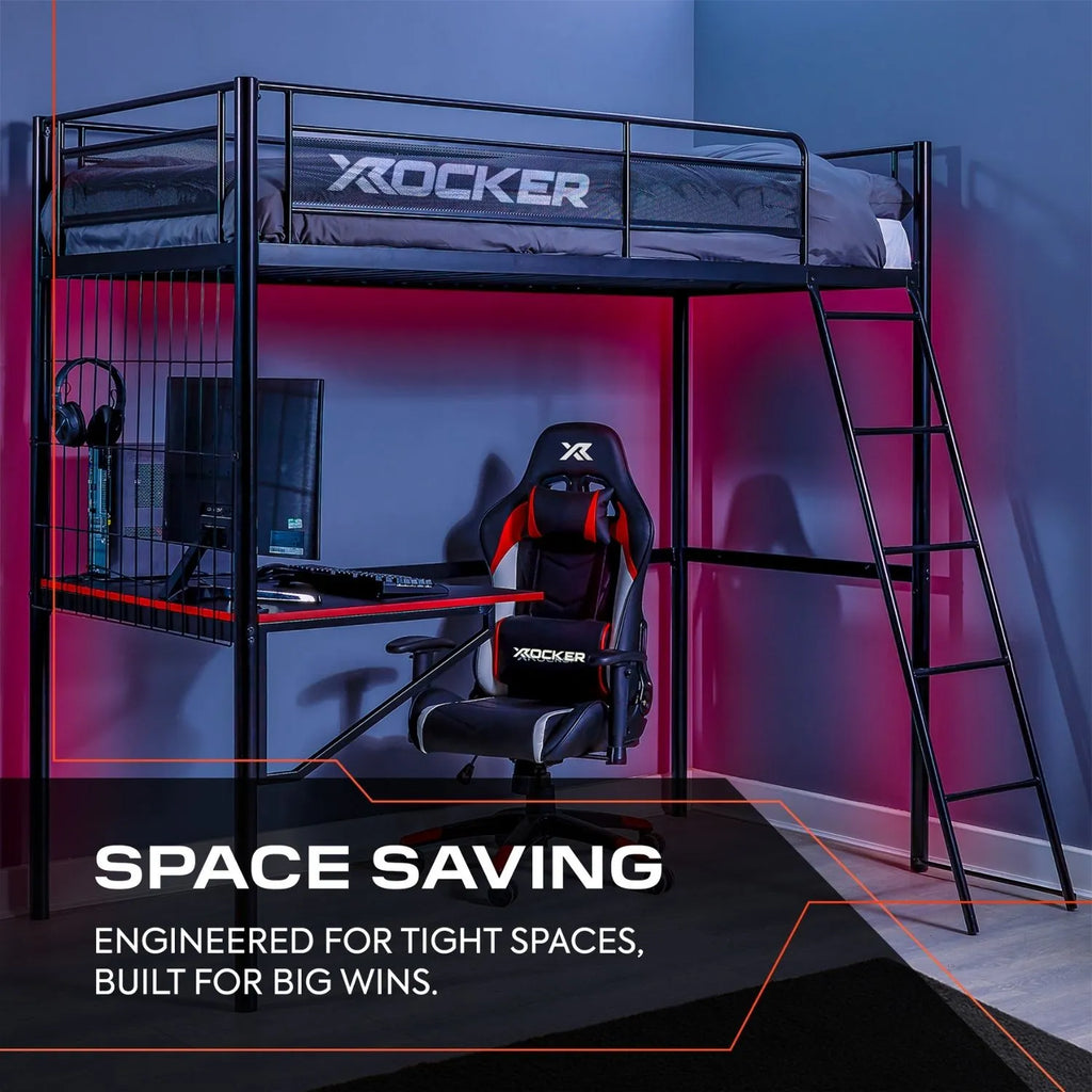 X rocker loft bed with gaming setup in a room with blue walls and red lighting.