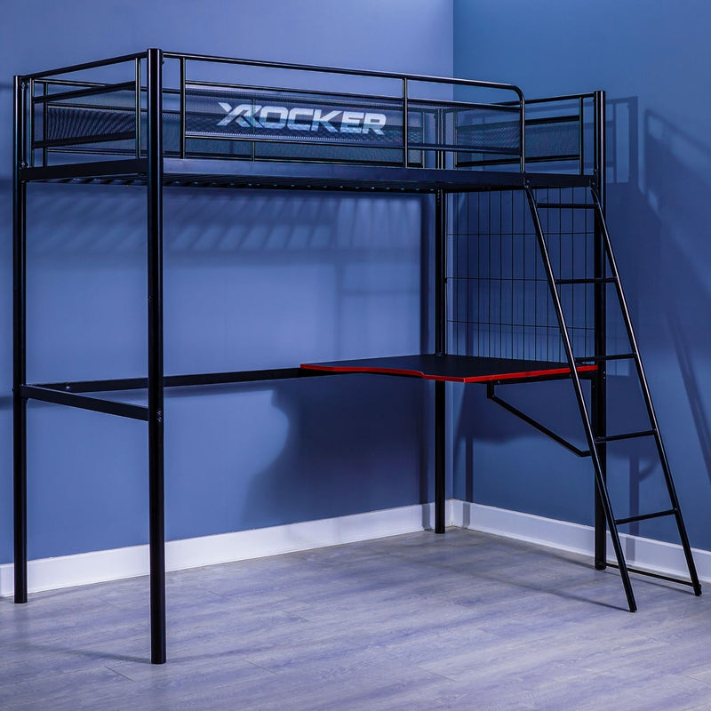 Black metal loft bed with desk attached against a blue wall