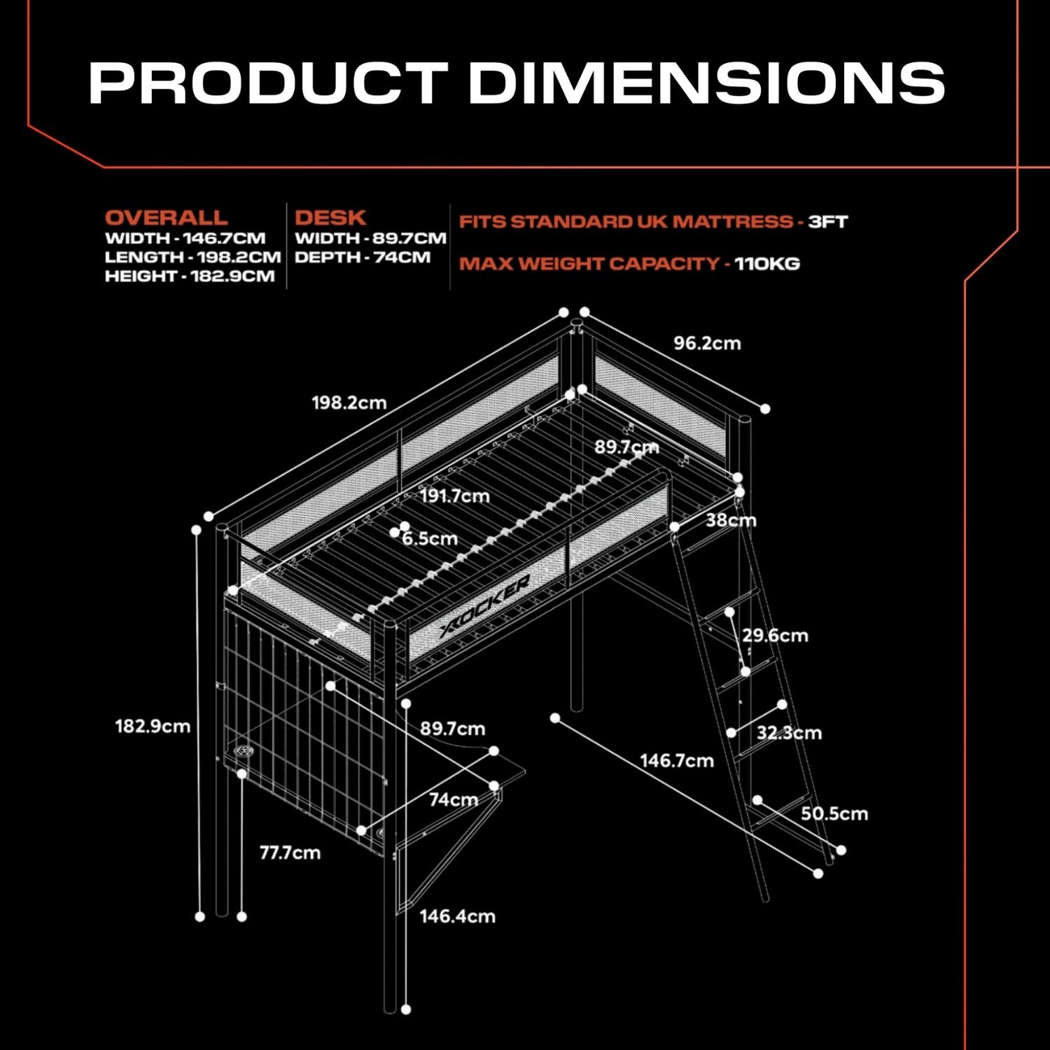 Product dimensions chart for a high sleeper bed with X rocker branding on a black background