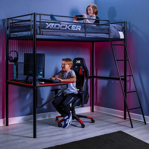 Children using a gaming setup with a loft bed and desk in a room with X rocker branding.