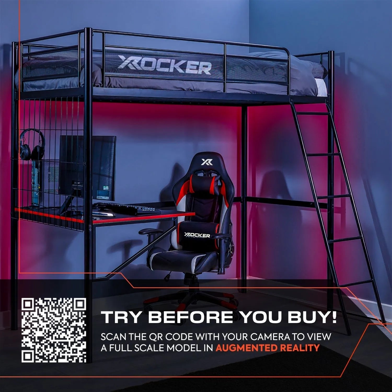 X rocker gaming setup with bunk bed, desk, and chair in a room.