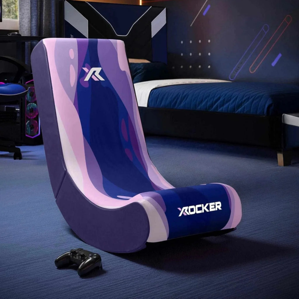 Gaming chair for kids with X rocker logo in a room setting