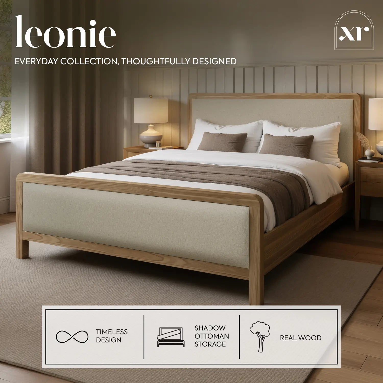 Leonie Shadow Ottoman Wooden Bed Frame - Ash / Natural (2 Sizes)