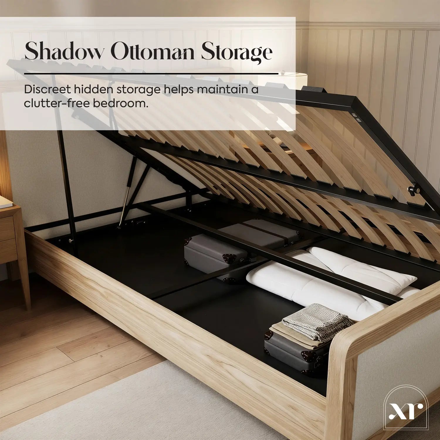 Leonie Shadow Ottoman Wooden Bed Frame - Ash / Natural (2 Sizes)