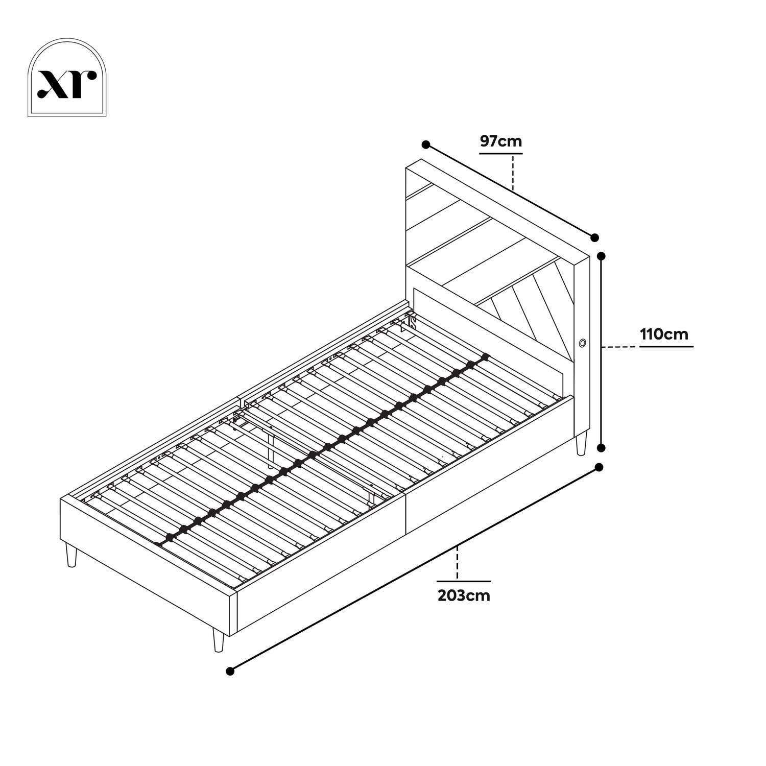 Dimensions Diagram of the Lily Bed Frame, Showcasing a 97cm Width, 110cm Height and 203cm Length