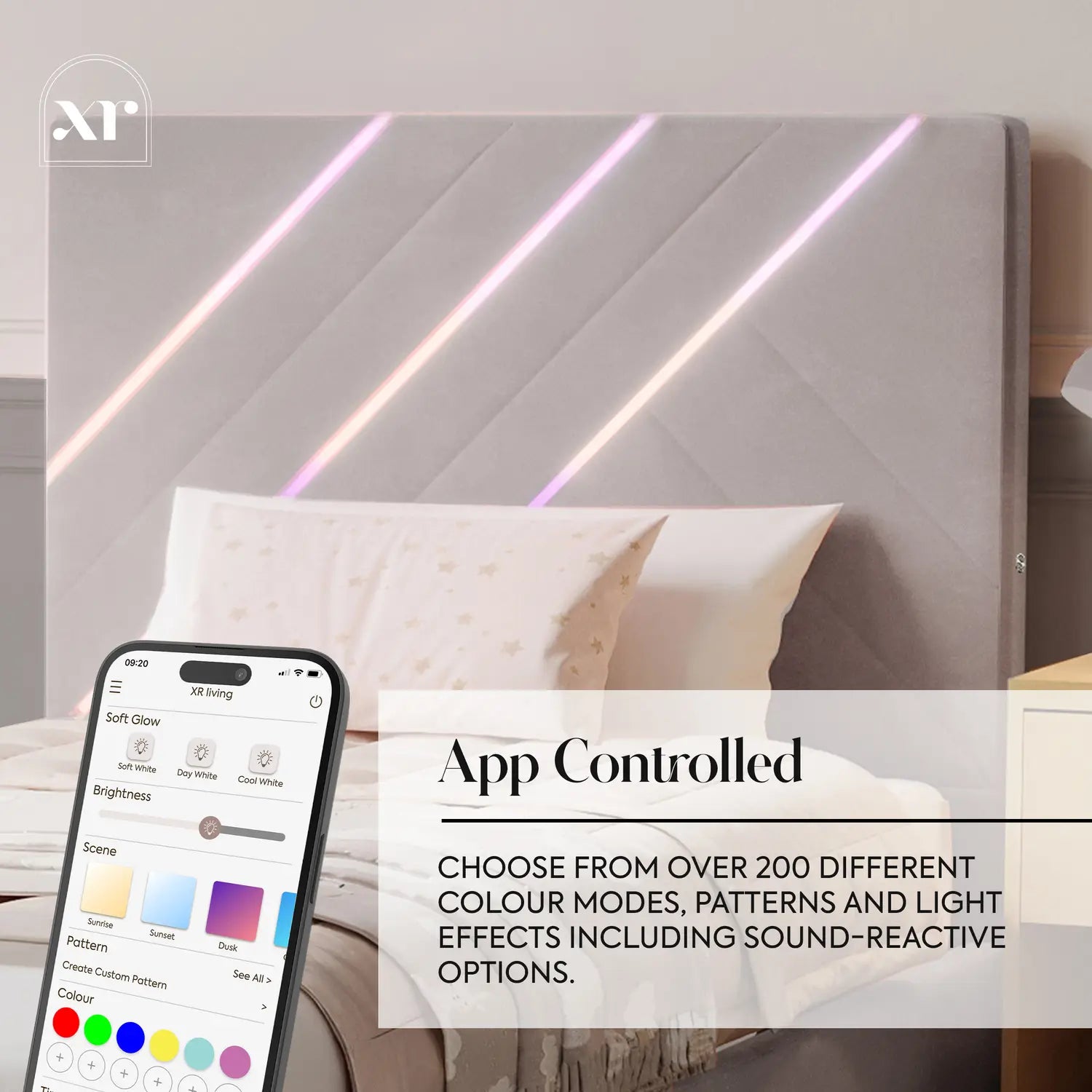 Smart headboard with app control for color modes and light effects, featuring a smartphone app interface.
