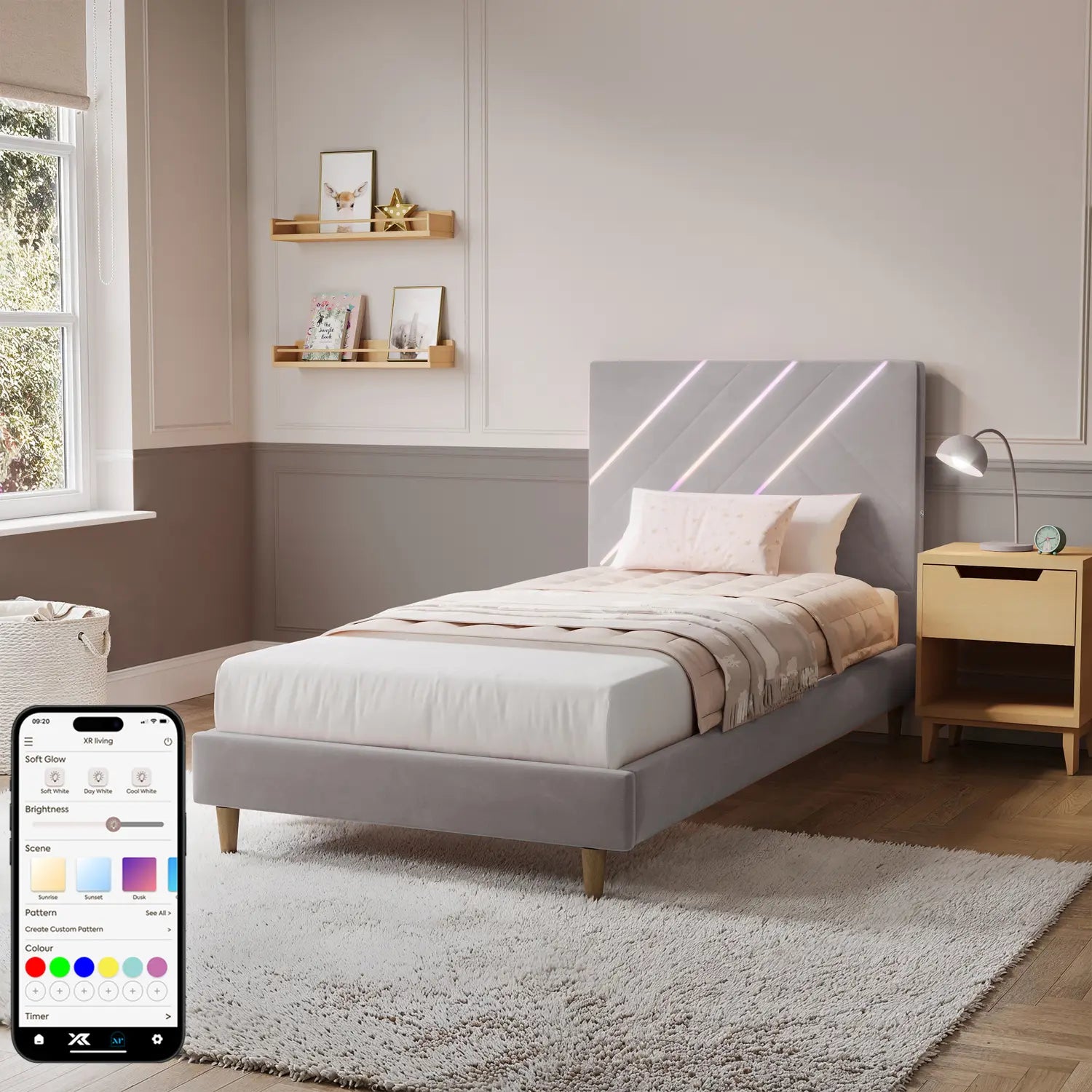 Modern bedroom with a gray upholstered bed, nightstands, and shelves.