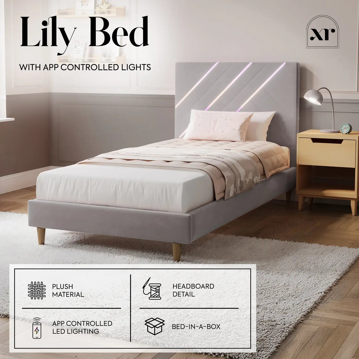 Lily Single Bed Frame with App Controlled LED Lights - Grey