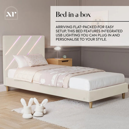 Lily Single Bed Frame in Plush Velvet with LED Lights - Ivory