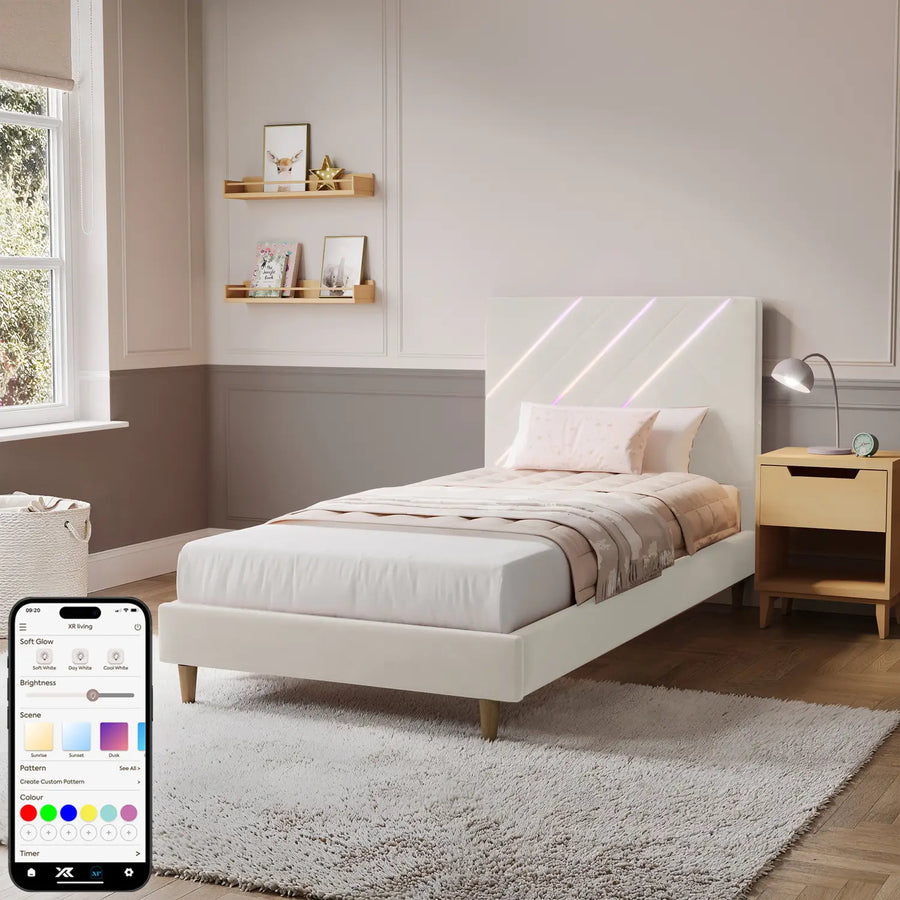 Lily Single Bed Frame in Plush Velvet with LED Lights - Ivory