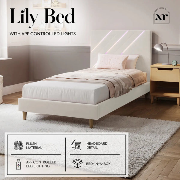 Lily Single Bed Frame with App Controlled LED Lights - Ivory