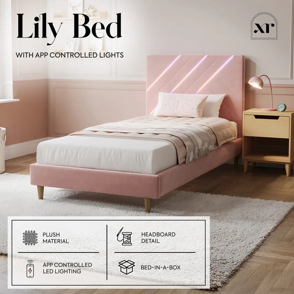 Lily Single Bed Frame with App Controlled LED Lights - Pink
