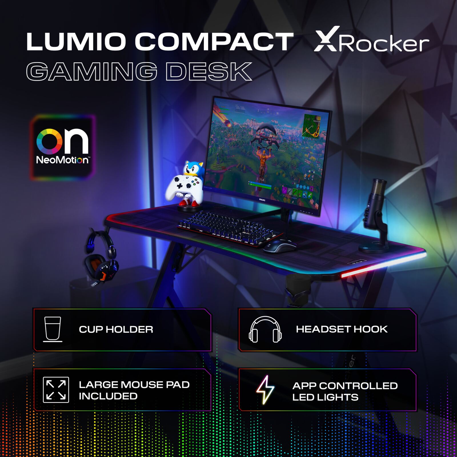 The lumio Compact Gaming Desk with overlaying writing, stating a cup holder, headset hook, large mousepad included and app controlled led lights are the main features.