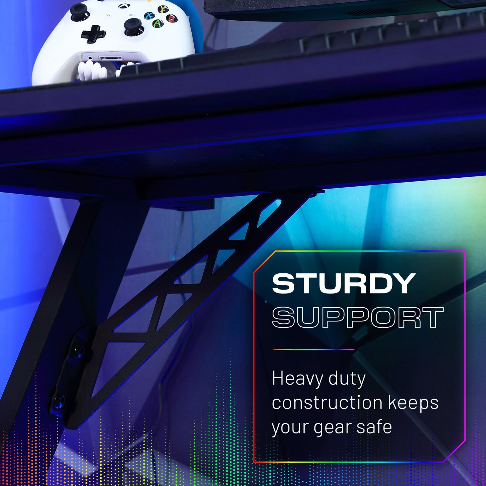 An infographic showcasing the sturdy support of the gaming desk