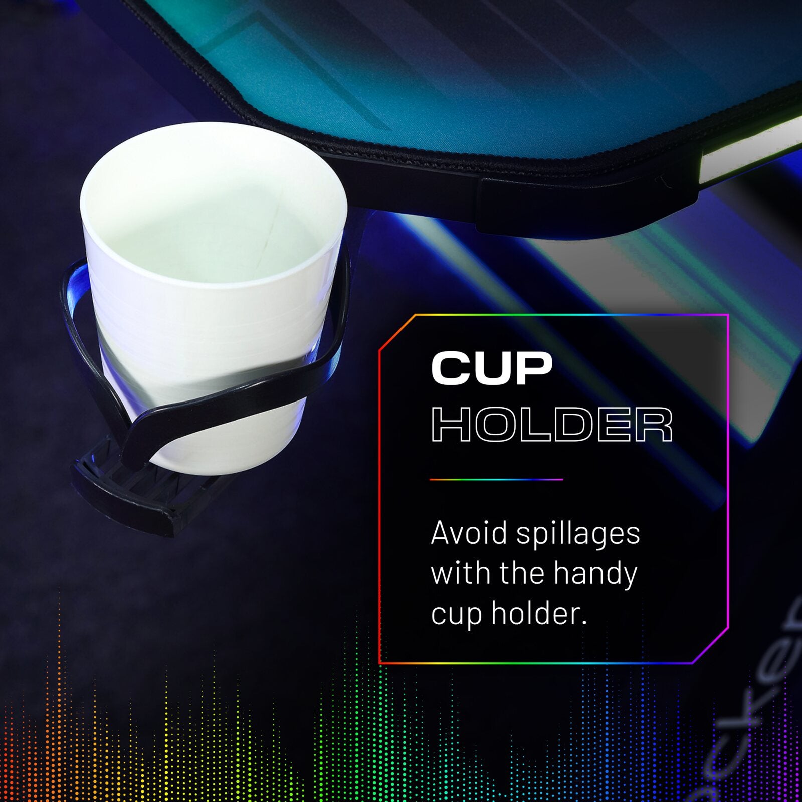 An infographic showcasing the cupholder, stating it helps avoid spillages.