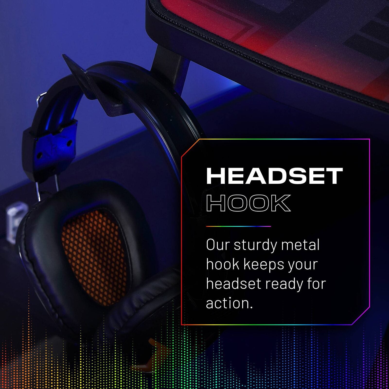 An infographic which shows a closeup of the headphone hook, stating it keeps your headset within reach.
