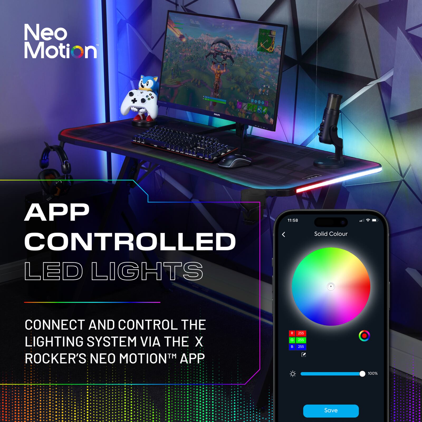 The Lumio RGB Gaming Desks infographic, talking about the App Controlled LED Lighting that can be controlled from your mobile phone.