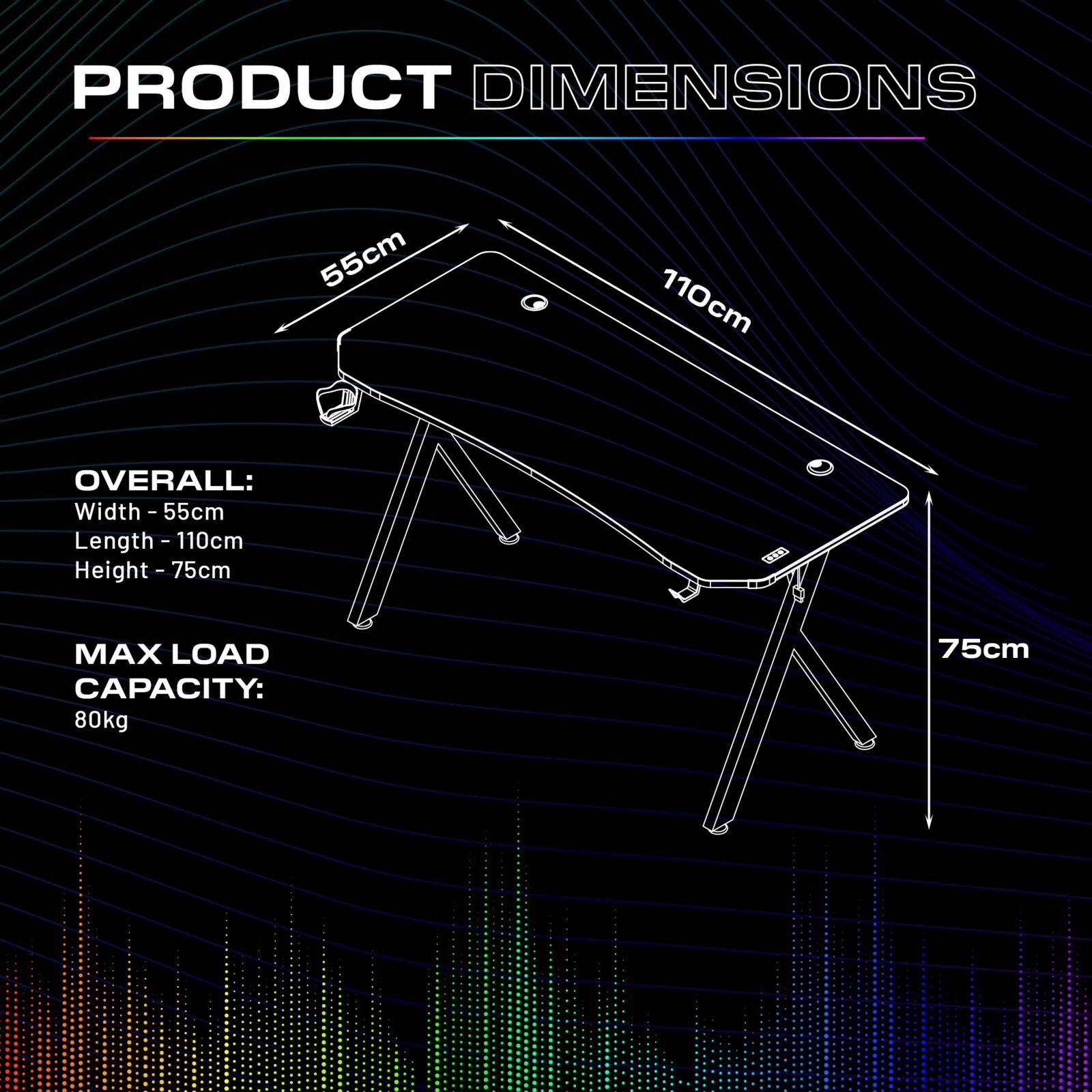 A Dimensions diagram showing the outline of a desk and its measurements.