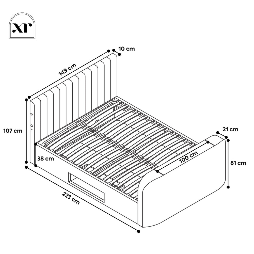 Measurement chart of a bed with dimensions labeled