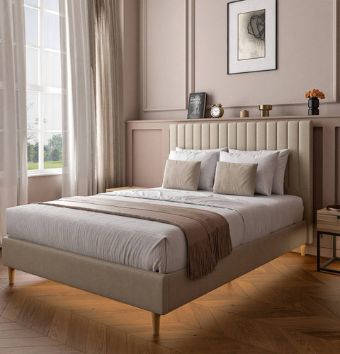 Maisie Upholstered Velvet LED Bed - Natural Stone (2 Sizes)